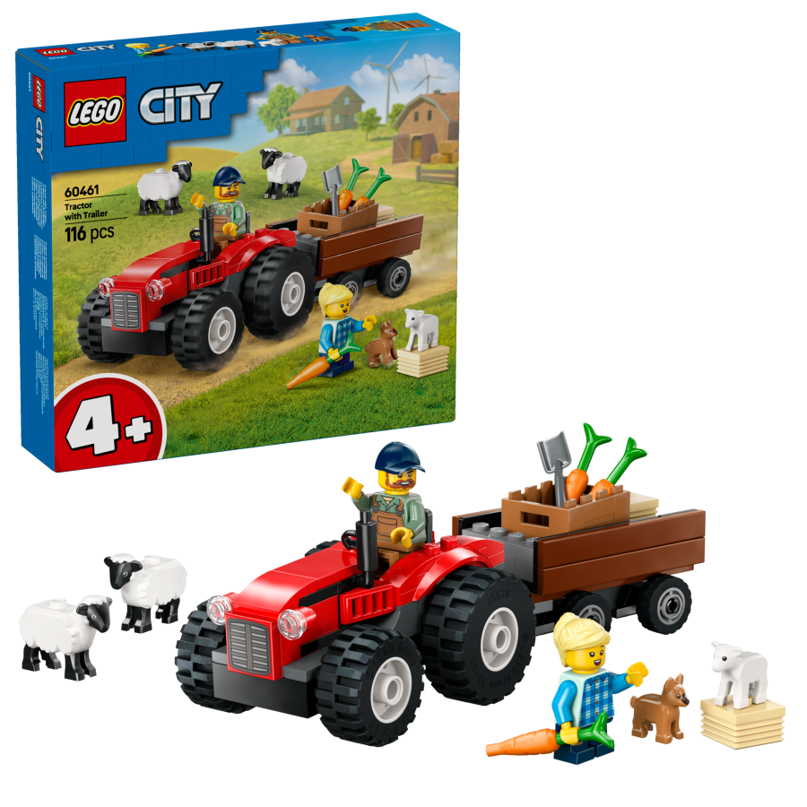 Red Farm Tractor with Trailer & Sheep